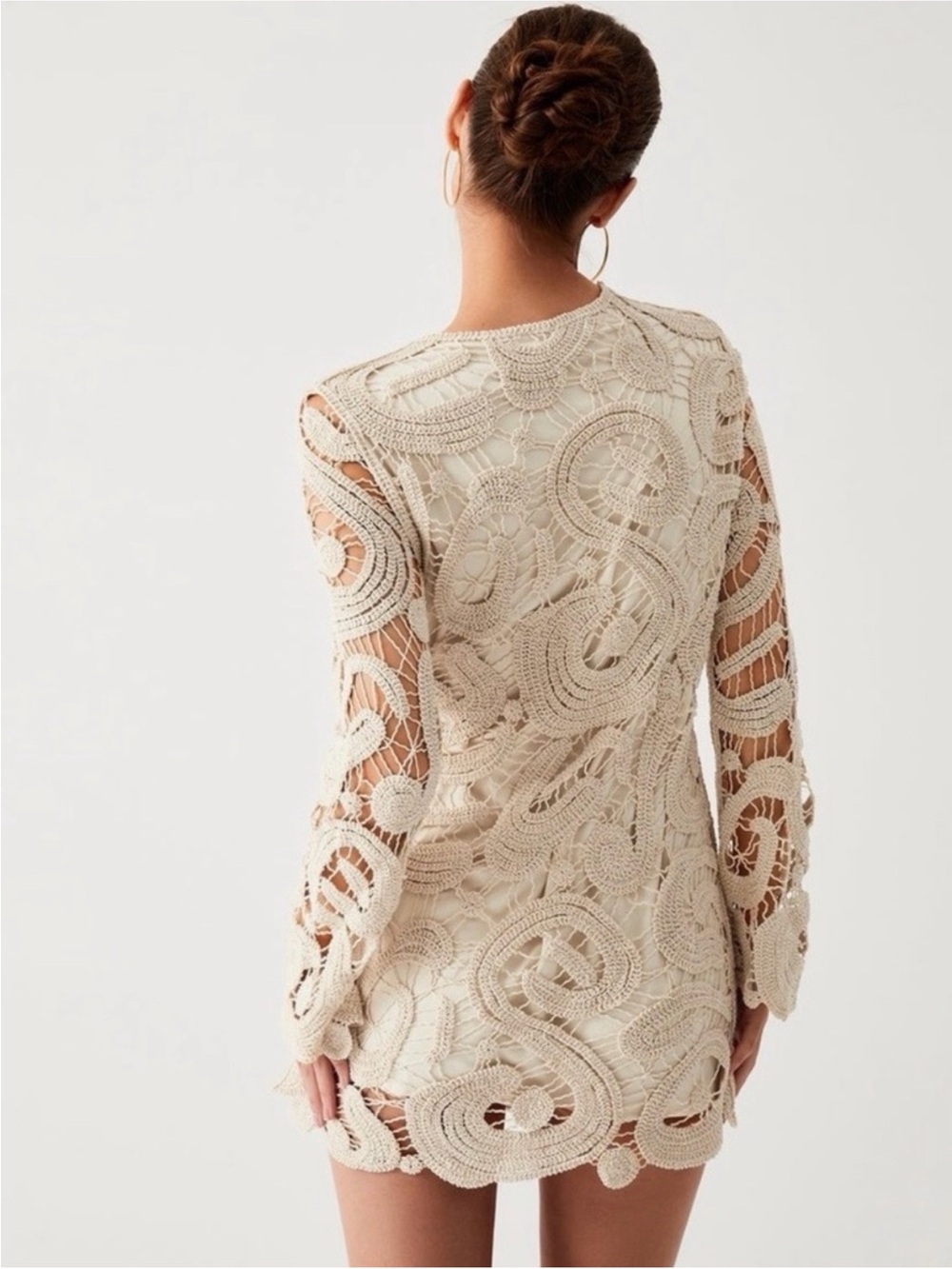 COMMENSE Cream Ecru Crochet Long Sleeve Mini Dress NWT - Picture 2 of 11